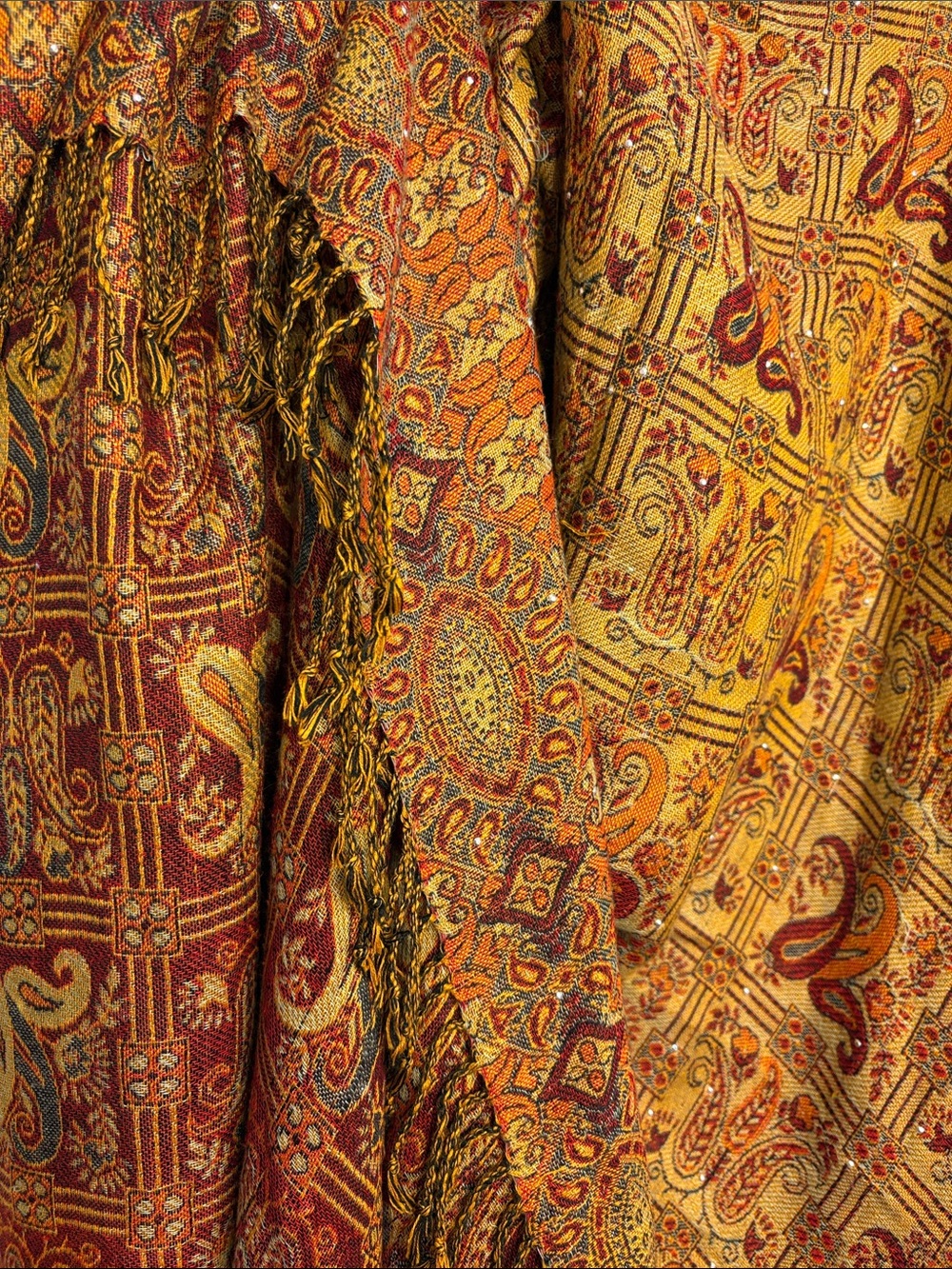 47” X 90” Silver Sparkle Embellished Mustard and Rust Paisley Wrap or Tablecloth - Picture 2 of 9